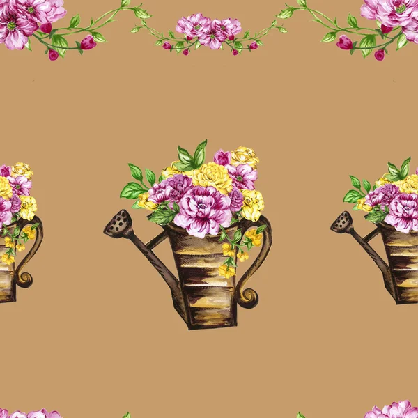 Hand paint floral yellow and pink flowerpot pattern watercolor gouache