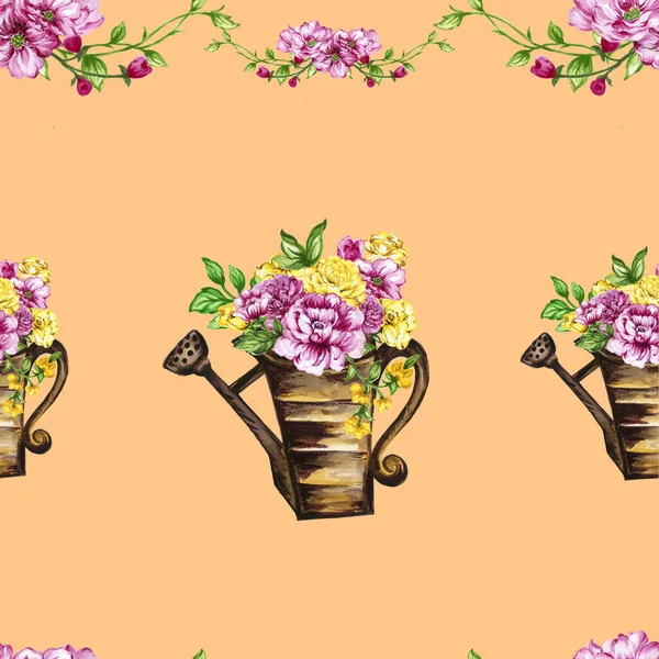 Hand paint floral yellow and pink flowerpot pattern watercolor gouache