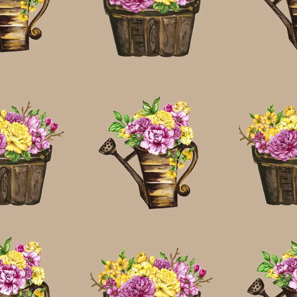 Hand paint floral yellow and pink flowerpot pattern watercolor gouache