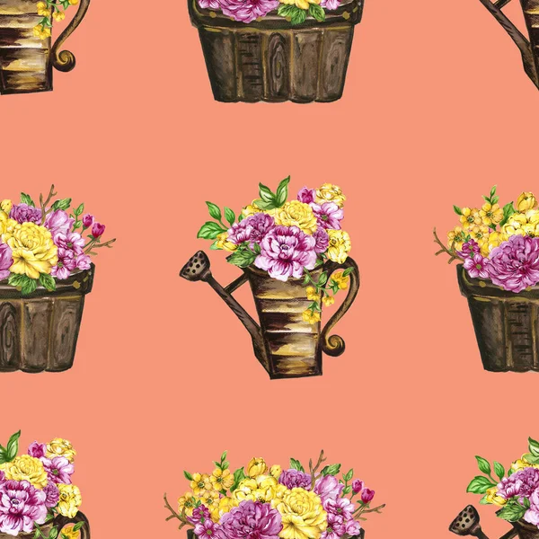 Hand paint floral yellow and pink flowerpot pattern watercolor gouache