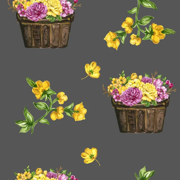 Hand Paint Floral Yellow Pink Flowerpot Pattern Watercolor Gouache — Stock Fotó