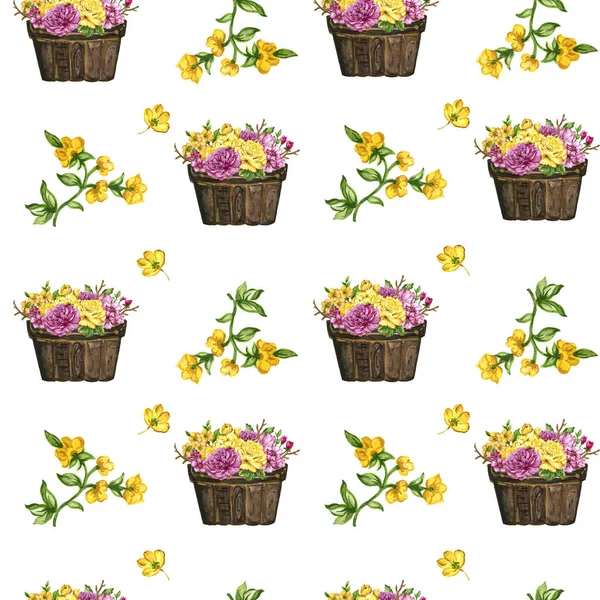 Hand paint floral yellow and pink flowerpot pattern watercolor gouache