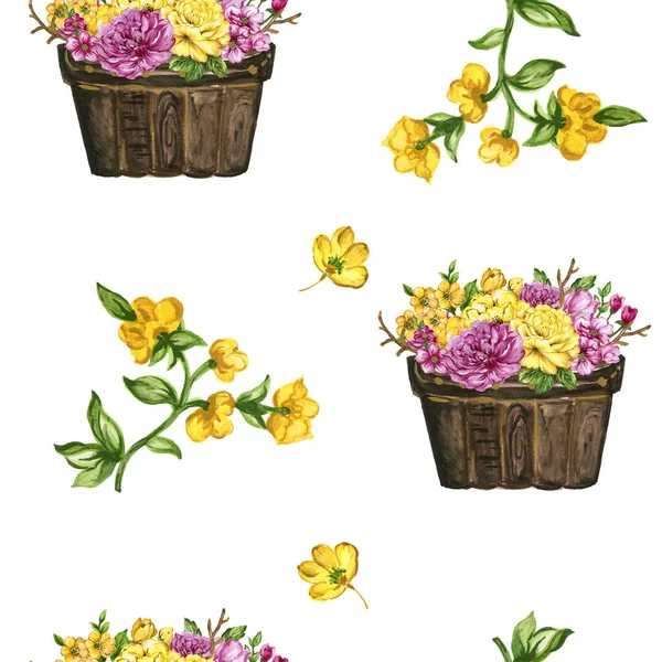 Hand Paint Floral Yellow Pink Flowerpot Pattern Watercolor Gouache — Fotografia de Stock