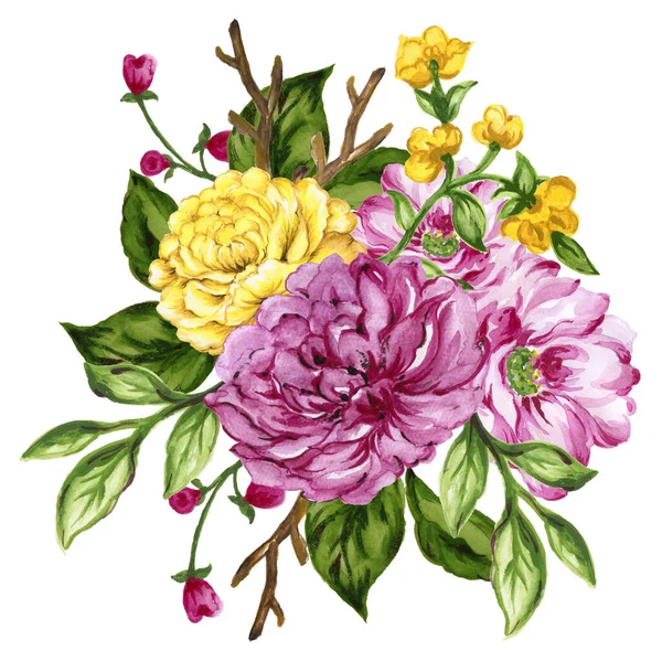 Watercolor gouache liberty vintage sweet bouquet of flowers stock illustration pink and yellow color 