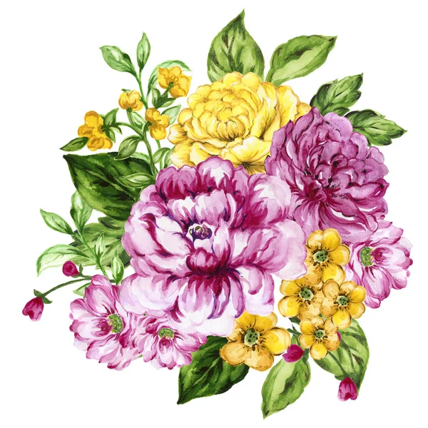 Watercolor Gouache Liberty Vintage Sweet Bouquet Flowers Stock Illustration Pink — Photo