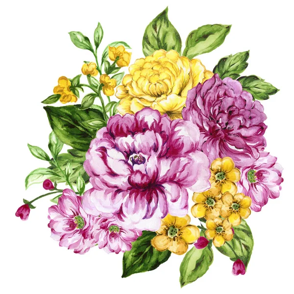 Watercolor gouache liberty vintage sweet bouquet of flowers stock illustration pink and yellow color 