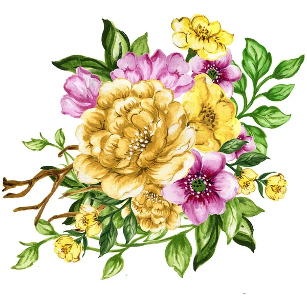 Watercolor gouache liberty vintage sweet bouquet of flowers stock illustration pink and yellow color 
