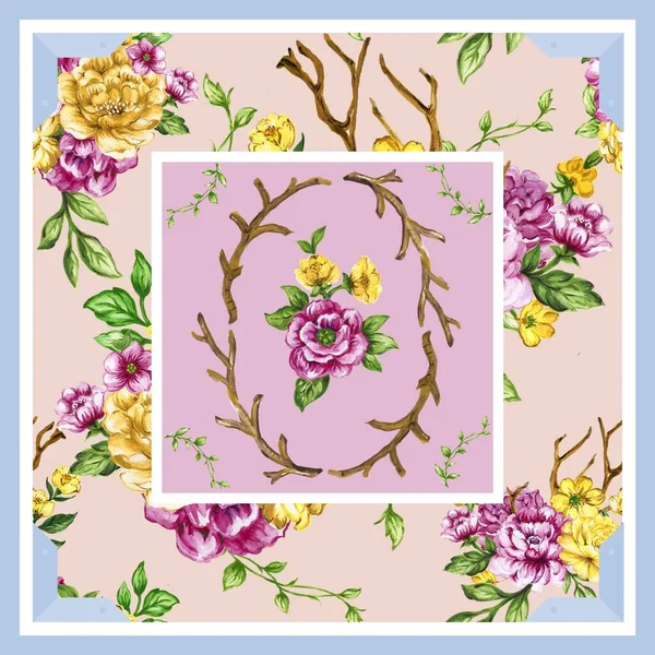 Rose Botanical Flower Pattern Scarf Textile Print Silk Scarf Design — Zdjęcie stockowe
