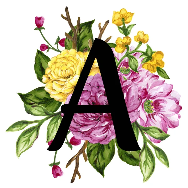 Floral ornate letters flowers pink, yellow vintage font and flower ornaments alphabet. Royal ornate abc, flourishes decor elegant letter or antique alphabet illustration set