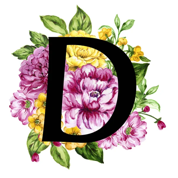 Floral Ornate Letters Flowers Pink Yellow Vintage Font Flower Ornaments — 图库照片
