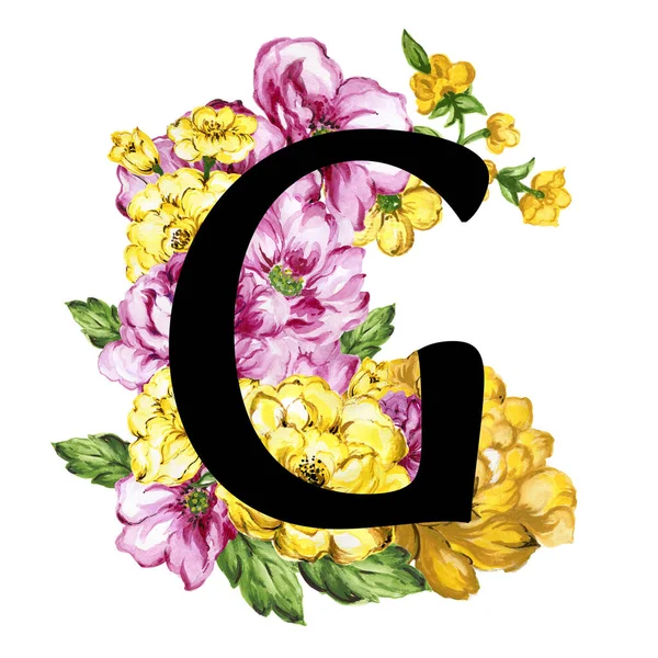 Floral ornate letters flowers pink, yellow vintage font and flower ornaments alphabet. Royal ornate abc, flourishes decor elegant letter or antique alphabet illustration set