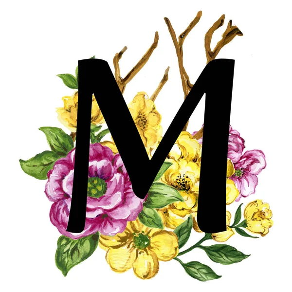 Floral Περίτεχνα Γράμματα Λουλούδια Ροζ Κίτρινο Vintage Γραμματοσειρά Και Λουλούδι — Φωτογραφία Αρχείου