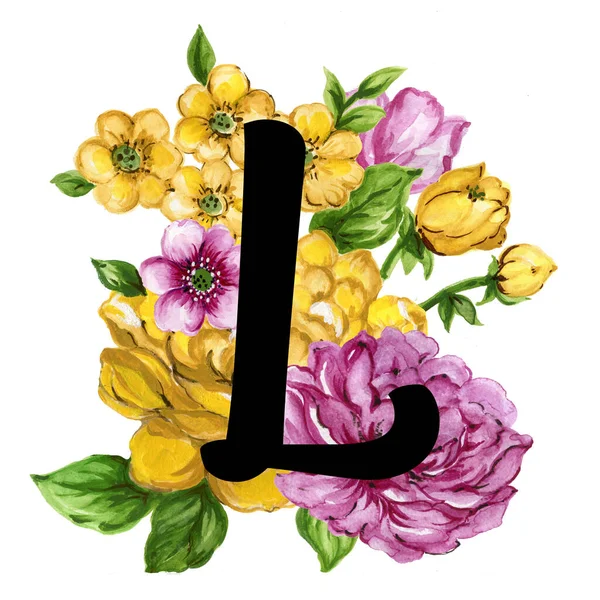 Floral Ornate Letters Flowers Pink Yellow Vintage Font Flower Ornaments — Foto Stock