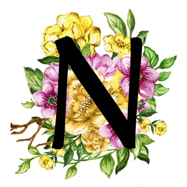 Floral ornate letters flowers pink, yellow vintage font and flower ornaments alphabet. Royal ornate abc, flourishes decor elegant letter or antique alphabet illustration set