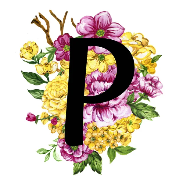 Floral Ornate Letters Flowers Pink Yellow Vintage Font Flower Ornaments — 图库照片