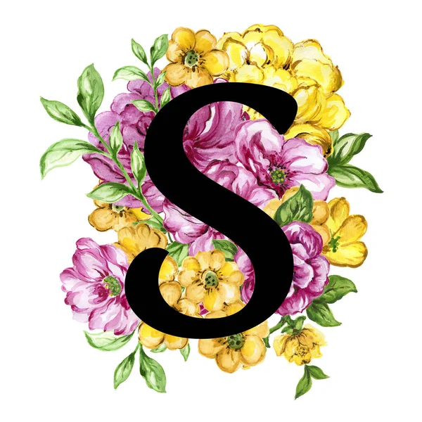 Floral Ornate Letters Flowers Pink Yellow Vintage Font Flower Ornaments — 图库照片