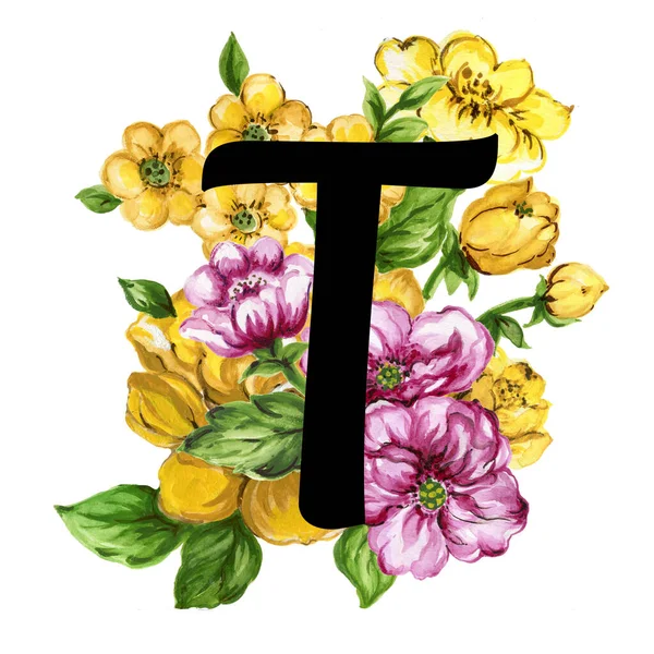 Floral Ornate Letters Flowers Pink Yellow Vintage Font Flower Ornaments — Foto de Stock