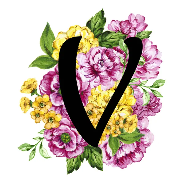 Floral ornate letters flowers pink, yellow vintage font and flower ornaments alphabet. Royal ornate abc, flourishes decor elegant letter or antique alphabet illustration set