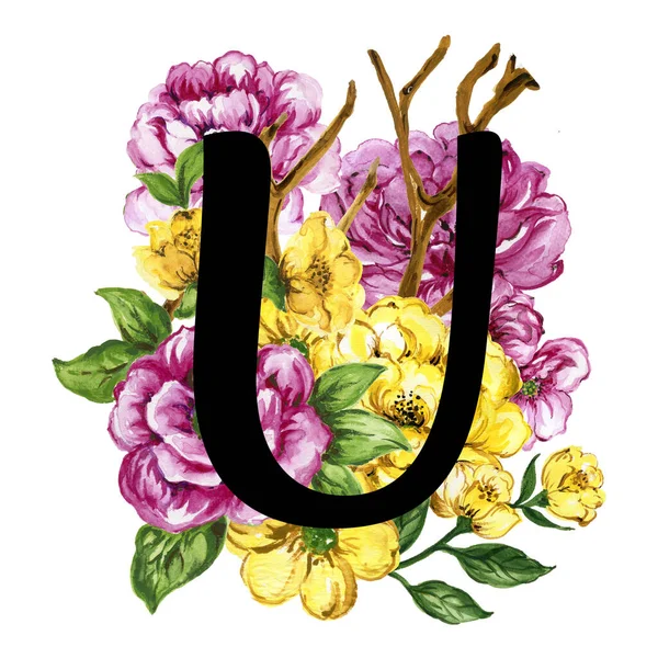 Floral Ornate Letters Flowers Pink Yellow Vintage Font Flower Ornaments — Foto de Stock