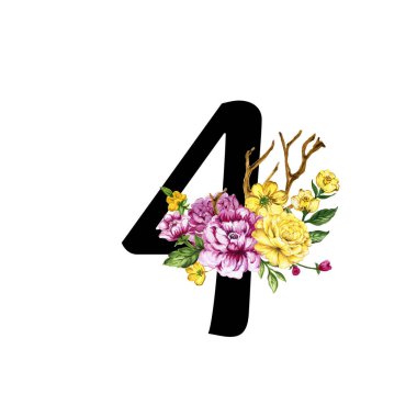 set of watercolor numbers in botanical vintage blooming style  Flowers and leaves of various rose , peonies, wildflower painting drawing