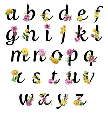 Floral ornate letters flowers pink, yellow vintage font and flower ornaments alphabet. Royal ornate abc, flourishes decor elegant letter or antique alphabet lowercase illustration set