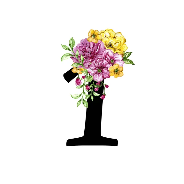 Σετ Αριθμών Υδατογραφία Βοτανικό Vintage Ανθισμένο Στυλ Λουλούδια Και Φύλλα — Φωτογραφία Αρχείου