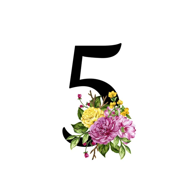 Set Watercolor Numbers Botanical Vintage Blooming Style Flowers Leaves Various — Stock fotografie