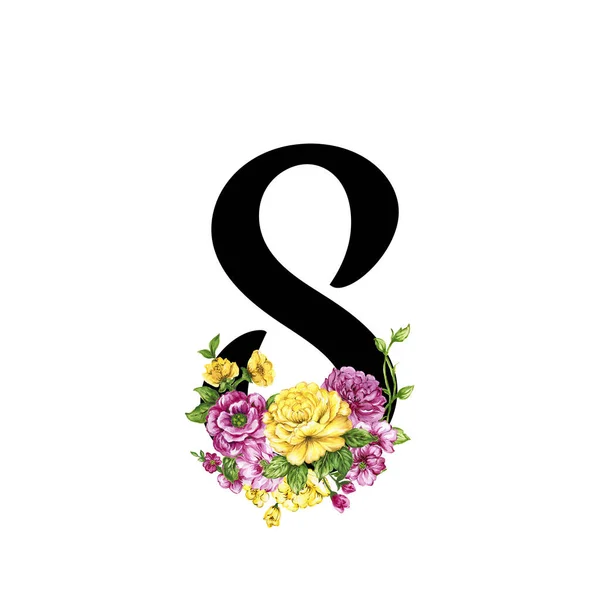 Set Watercolor Numbers Botanical Vintage Blooming Style Flowers Leaves Various — 图库照片