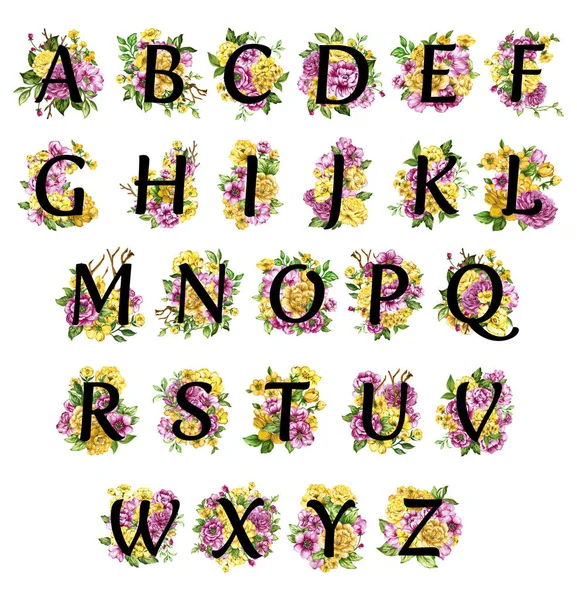 Floral Ornate Letters Flowers Pink Yellow Vintage Font Flower Ornaments — Stok fotoğraf