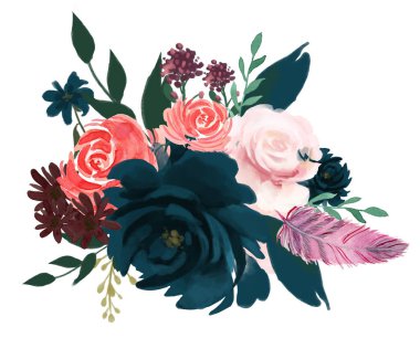 Watercolor Bohemian floral composition Pink wine Marsala and Navy blue Floral Bouquet Flowers and Feathers Collection Isolated