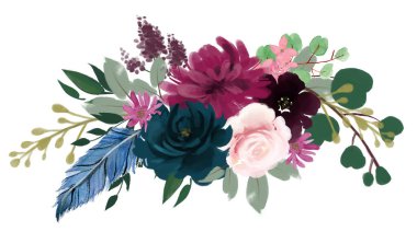 Watercolor Bohemian floral composition Pink wine Marsala and Navy blue Floral Bouquet Flowers and Feathers Collection Isolated