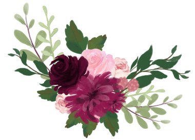 Watercolor Bohemian floral composition Pink wine Marsala and Navy blue Floral Bouquet Flowers and Feathers Collection Isolated