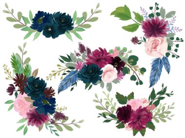 Watercolor Bohemian floral composition Pink wine Marsala and Navy blue Floral Bouquet Flowers and Feathers Collection Isolated