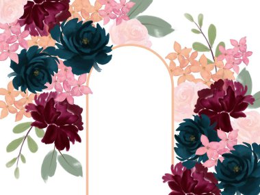 Template greeting border frame invitation and product design garden rose, peony, carnation, camellia  flowers and meadow wild flower botanical stock illustration