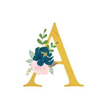 Botanical ornate letters flowers gold color and botanical boho font and flower ornaments alphabet. Royal ornate abc, flourishes decor elegant letter or antique alphabet illustration set