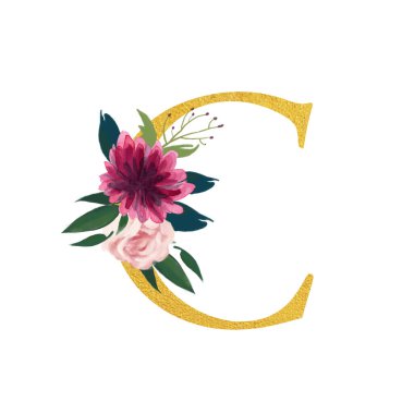 Botanical ornate letters flowers gold color and botanical boho font and flower ornaments alphabet. Royal ornate abc, flourishes decor elegant letter or antique alphabet illustration set