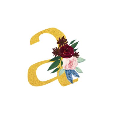 Botanical ornate small letters flowers gold color and botanical boho font and flower ornaments alphabet. Royal ornate abc, flourishes decor elegant letter or antique alphabet illustration set