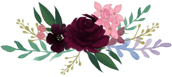 Watercolor Vintage Floral Composition Pink Blue Floral Bouquet Flowers Feathers — Stockfoto