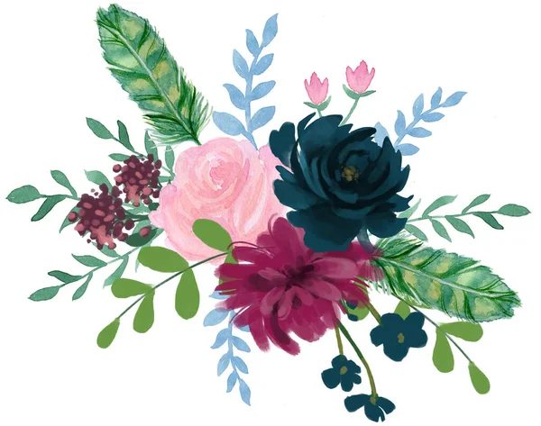 Watercolor Vintage Floral Composition Pink Blue Floral Bouquet Flowers Feathers — Foto de Stock