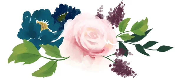 Акварель Винтажная Цветочная Композиция Розовый Синий Цветочный Букет Цветы Перья — стоковое фото
