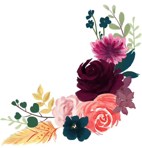 Watercolor Vintage Floral Composition Pink Blue Floral Bouquet Flowers Feathers — Stock Photo, Image