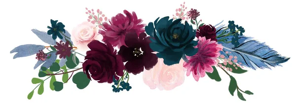 Акварель Старовинна Квіткова Композиція Рожевий Синій Квітковий Букет Квіти Пір — стокове фото