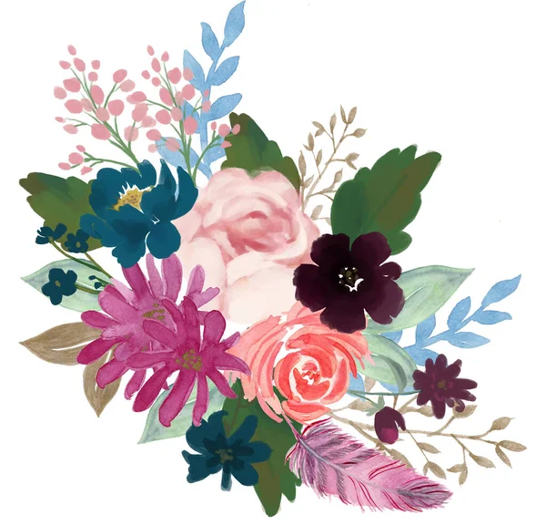 Watercolor Vintage Floral Composition Pink Blue Floral Bouquet Flowers Feathers — Zdjęcie stockowe