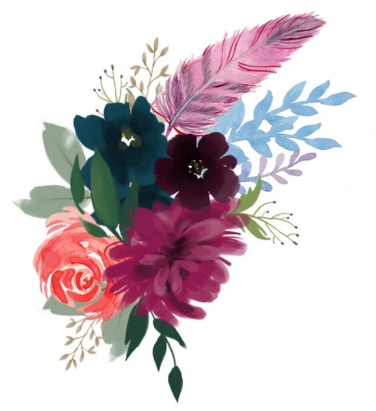 Watercolor Vintage Floral Composition Pink Blue Floral Bouquet Flowers Feathers — 스톡 사진