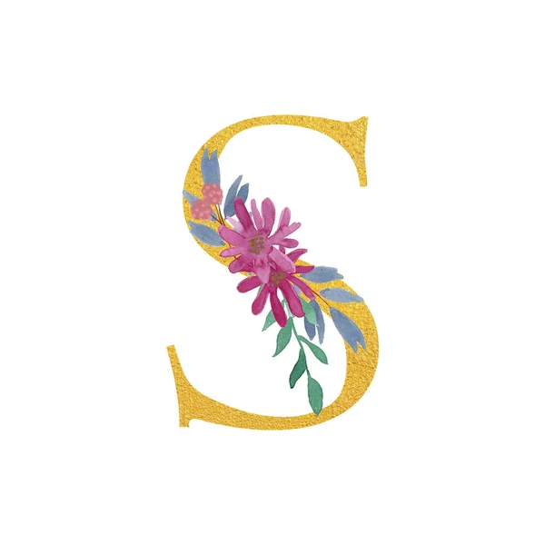 Βοτανικός Περίτεχνα Γράμματα Λουλούδια Χρυσό Χρώμα Και Βοτανικό Boho Γραμματοσειρά — Φωτογραφία Αρχείου