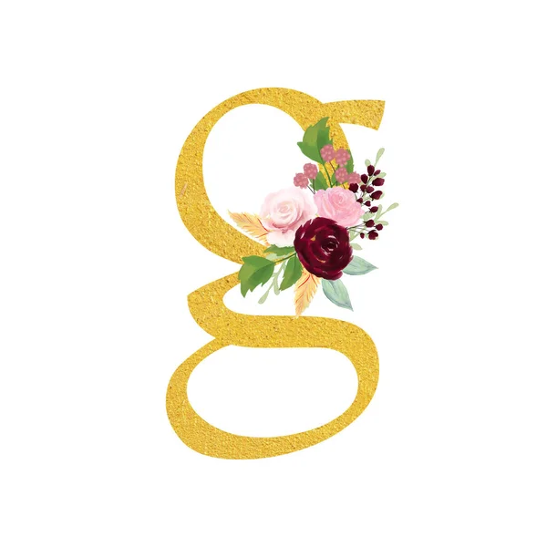 Botanical ornate small letters flowers gold color and botanical boho font and flower ornaments alphabet. Royal ornate abc, flourishes decor elegant letter or antique alphabet illustration set