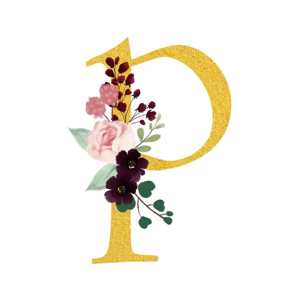 Botanical Ornate Small Letters Flowers Gold Color Botanical Boho Font — Foto de Stock