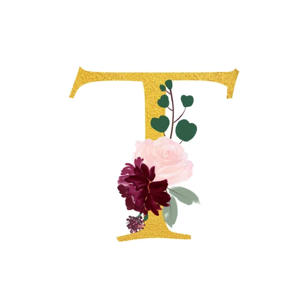 Botanical Ornate Letters Flowers Gold Color Botanical Boho Font Flower — 图库照片