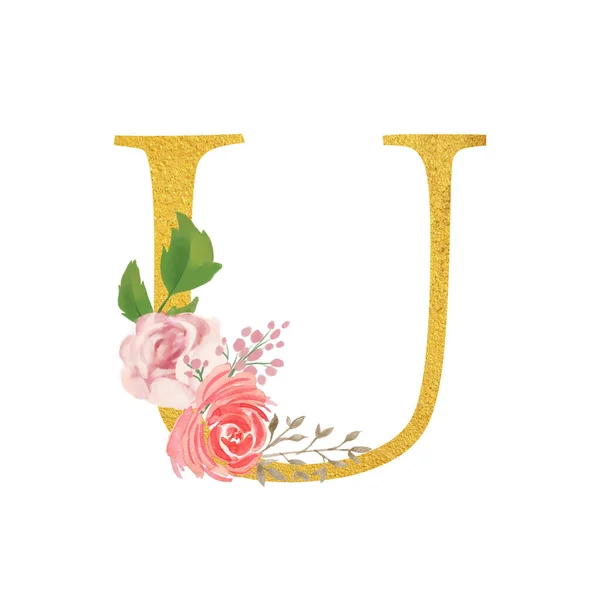 Βοτανικός Περίτεχνα Γράμματα Λουλούδια Χρυσό Χρώμα Και Βοτανικό Boho Γραμματοσειρά — Φωτογραφία Αρχείου