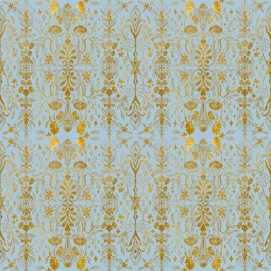 Seamless pattern ornate gold leaves plant botanic swirl rococo revival victorian style textile wrapping holiday festive design and decoration